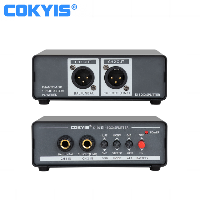 COKYIS DI20 Low Noise 2 Channel Active DI BOX Splitter for Musical Instrument Bass Guitar Amplifier DJ Console Audio Mixer