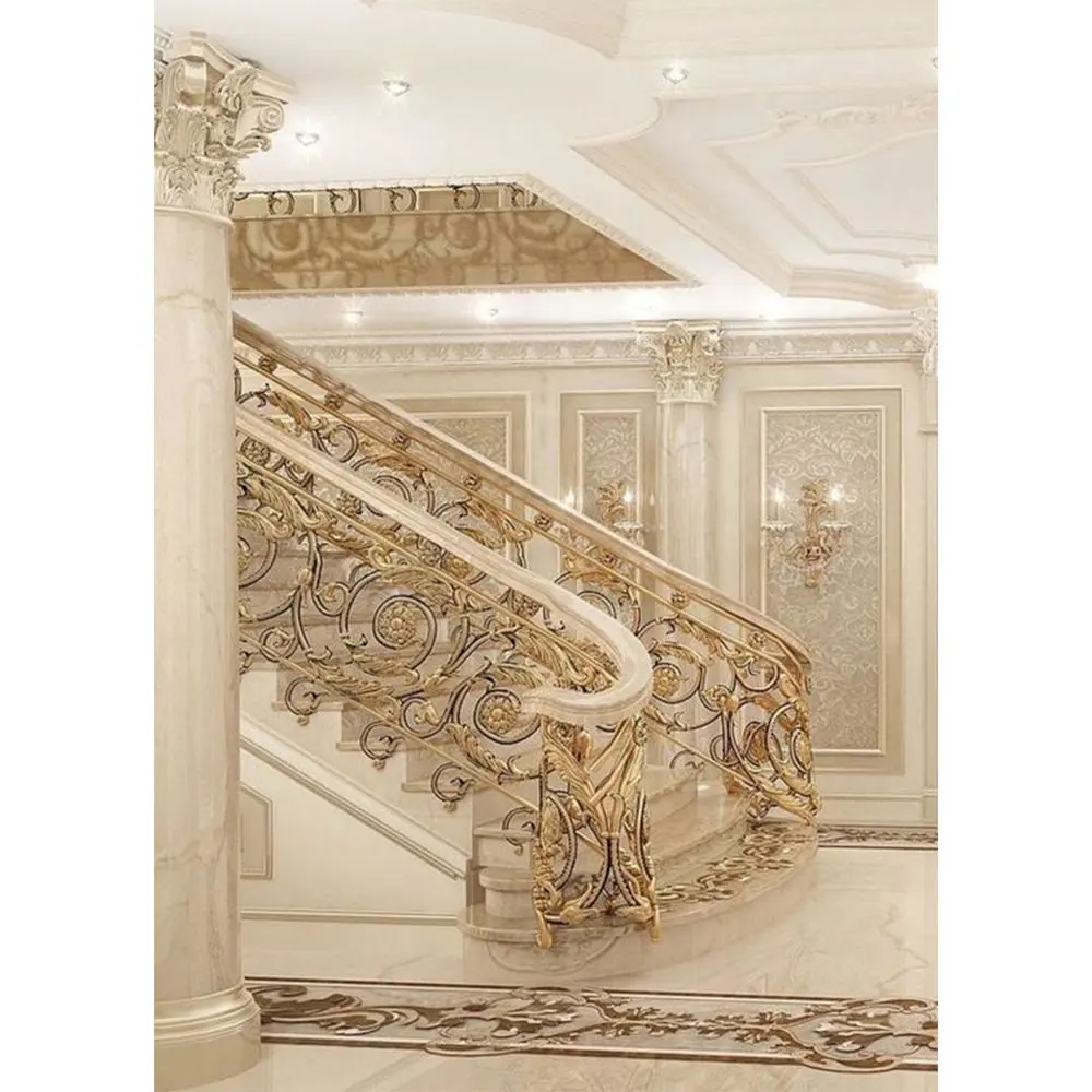 Barandilla de escalera de lujo, balaustrada de aluminio fundido, barandilla de escaleras chapada en oro, barandillas y pasamanos