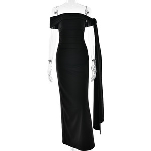 Vestido largo sin tirantes con lazo y cintura natural, transpirable, para la noche. - Product Image 5