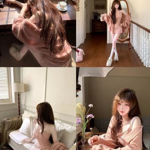 Korean Style Striped Suspender Dress With Knitted Cardigan Two Piece Set Women's Daily Wear Breathable One Shoulder Outfit - Product Image 1