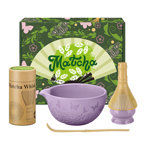 Juego de Té Matcha Japonés Tradicional de 4 Piezas, Tazón de Cerámica con Diseño de Mariposa, Batidor de PP, Porcelana, Ceremonia, Tazón Morado - Product Image 1