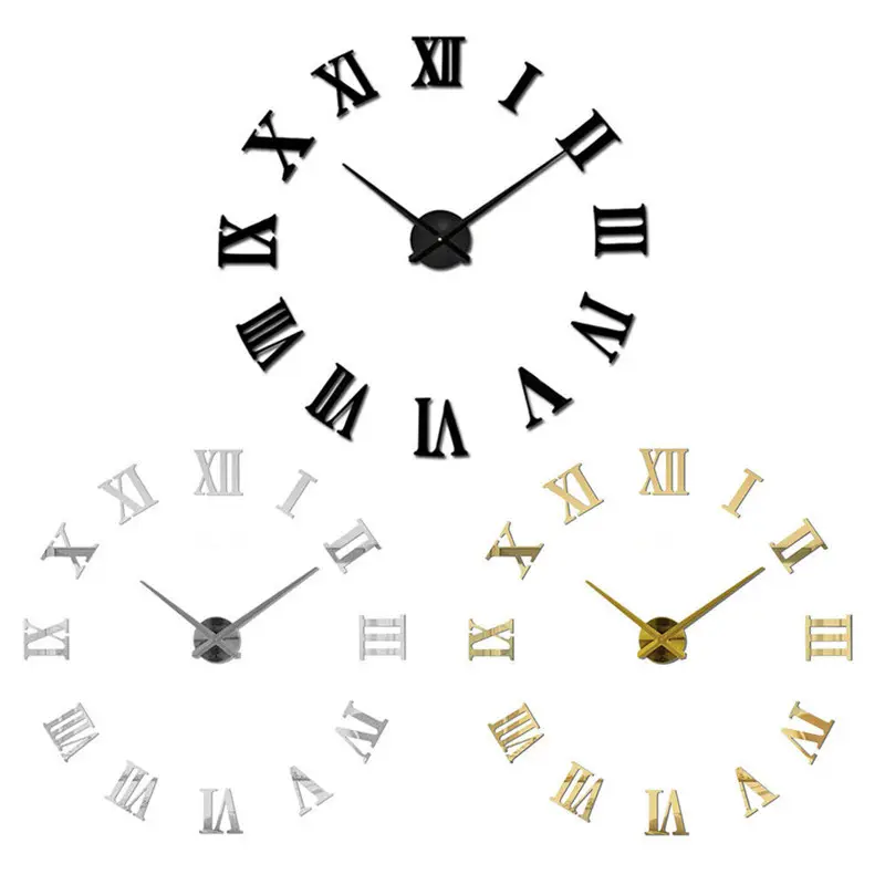 Grande horloge murale pour décoration murale Horloge murale miroir dorée Sans cadre Acrylique Réfléchissant Chiffres romains pour horloges