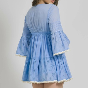 Vestido Boho al por mayor de fábrica con bajo MOQ, mangas con volantes y conchas, bordado jacquard, pareos de playa, vestidos de mujer de gran venta - Product Image 4