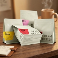 Sachet de café personnalisé OEM, pochette autoportante scellée en PET avec carte insérée, valve de ventilation unidirectionnelle, sac de scellage de café haut de gamme