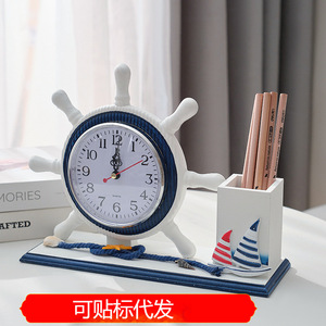 Mediterranean Style <b>Table</b> <b>Clock</b> With Pen Holder Polyresin Silent Desk <b>Clock</b> For Living Room Bedroom - Product Image 5