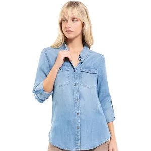 Women's classic long sleeves shirt with sleeve rolled Button Front Denim Jacket Women Shirt