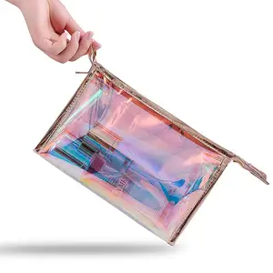 Toptan özel logo plastik mektup holografik makyaj çantası mini şeffaf pvc kozmetik çantası fermuarlı