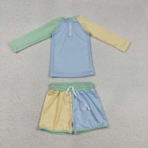 Maillot de bain décontracté d'été personnalisé pour enfants, garçons et filles, couleur unie, design à empiècements, short de bain, ensemble 2 pièces - Product Image 4