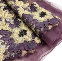 Tissu en dentelle 3D de luxe violet mauve, tissu en organza lourd perlé, appliqué en maille de tulle pour robe de soirée haute couture