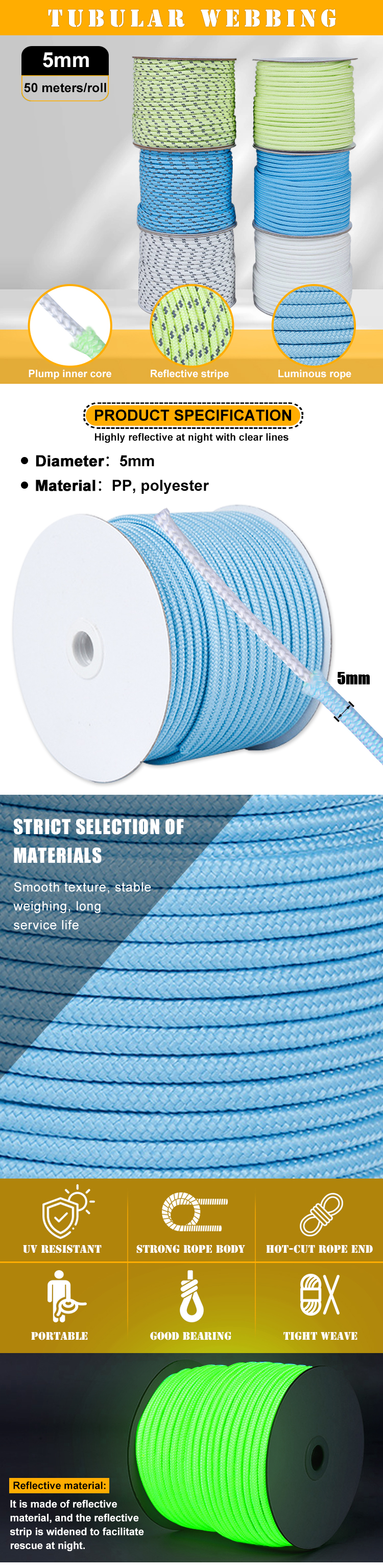 Baiyuheng Outdoor reflective pet pull climbing rope luminous ropes with reflective dots