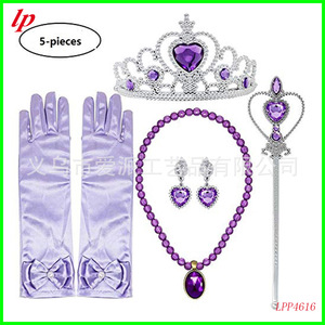 Purple Princess Crown <b>Magic</b> Wand Necklace Earrings Gloves <b>Set</b> 6 Pieces Heart-Shaped Rhinestone Birthday Costume Accessories - Product Image 2