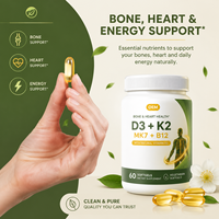 Capsule de vitamine D3 naturelle K2 MK7 B12, soutien à l'absorption du calcium, OEM ODM, étiquette privée, complément nutritionnel quotidien pour adultes