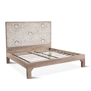 Stylish Mango Wood Geometric Carved <b>Bed</b> <b>Queen</b> <b>Size</b> With Sturdy Solid Wood <b>Frame</b> Elegant Design Perfect For Modern Bedrooms - Product Image 2