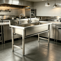Évier commercial en acier inoxydable à cuve unique avec robinet et crédence, personnalisable OEM/ODM pour la restauration