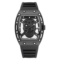 Jam Tangan Pria Model Tengkorak Berongga Terbaru, Casing Aloi 40mm Bentuk Barel, Silikon, Quartz, Jarum Penunjuk Bercahaya, Kaca Mineral, Gesper Pin