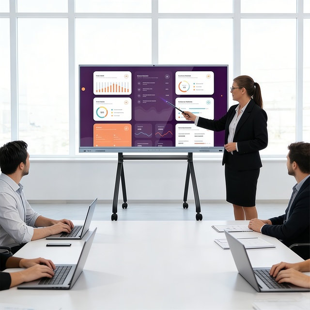 55 65 75 Inch Interactive Flat Panel with Mobile Stand | 4K UHD Android Windows Dual OS Smart Board for Meeting & Office