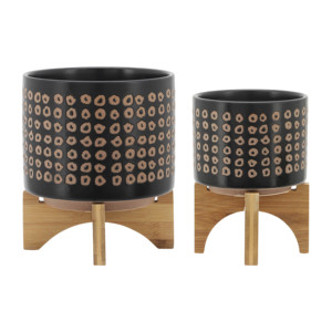 Vasi Rotondi in Ceramica con Supporti in Bambù per Arredamento Casa, Set di Due Fioriere Moderne - Product Image 2