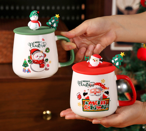 Heated <b>Christmas</b> Ceramic <b>Mug</b> <b>Set</b> with Warmer, Santa/Snowman Coffee Cup with Lid & Spoon, Ready to Ship - Product Image 3