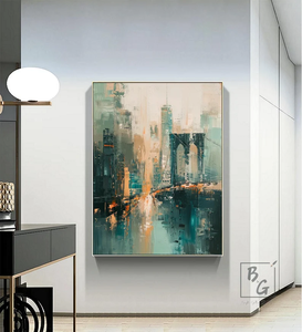 Màu xanh lá cây thành phố bức Tranh phong cảnh trừu tượng màu be hiện đại tương lai New York cảnh đường phố bức tranh tường trên vải để trang trí - Product Image 4
