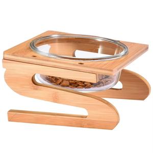 Comedero elevado de madera para mascotas con base antideslizante para gatos y perros, plato de vidrio extraíble, fácil de limpiar - Product Image 1