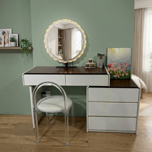 Table de maquillage moderne blanche avec miroir éclairé et tiroirs de rangement pour meubles de chambre - Product Image 2