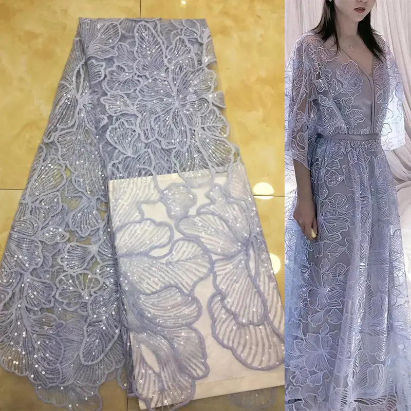 Genişlik 128 cm Polyester işlemeli payetler kumaş süt ipek afrika dantel metalik kumaş düğün parti elbise için