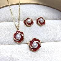 Ensemble collier et boucles d'oreilles en perles d'eau douce naturelles de qualité 5A, plaqué or rose 14 carats, bijoux fleur bouclée pour femme, idéal pour les soirées