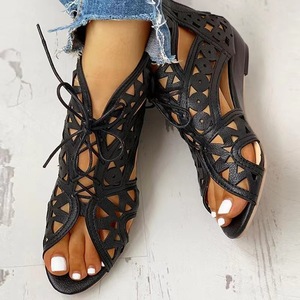 Sandales compensées à lacets pour femmes, à bout ouvert, ajourées, avec fermeture éclair arrière, style bottines d'été tendance - Product Image 2
