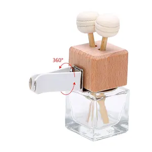 Botol Diffuser Parfum Kaca Penyegar Udara Gantung Mobil Persegi 8Ml Desain Baru dengan Tutup Kayu, Klip Logam