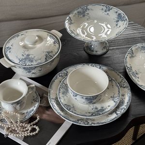 ชุดภาชนะเซรามิกลายดอกไม้ฝรั่งเศสย้อนยุคชุดชามสลัดจานชามพอร์ซเลนลายดอกไม้สีฟ้า - Product Image 1