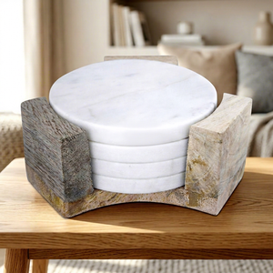 Round White <b>Marble</b> <b>Coaster</b> Set with Wooden Holder Non-Slip Modern Design for Table Decoration - Product Image 1
