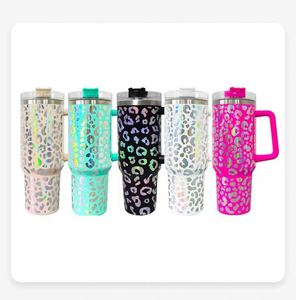 Gobelet isotherme en acier inoxydable de 40 oz avec poignée et paille, logo personnalisable, motif léopard, tasse de voyage pour voiture, 12 couleurs - Product Image 1