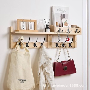 Wooden Wall Mounted <b>Shelf</b> With <b>Hooks</b> For Entryway Storage And Organization Natural Wood Color Rectangle Shape - Product Image 1