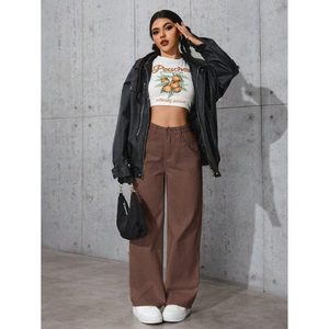 Jeans de luxe à taille haute, coupe décontractée, jambe large, denim brun, tissu extensible doux, écologique, durable, tailles 26-40 OSCA - Product Image 1