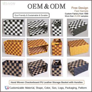 Cesta de Almacenamiento de Cuero PU Tejida a Mano con Asas, Diseño Rectangular a Cuadros, Organizador Sostenible <span class=keywords><strong>para</strong></span> el Hogar, Venta <span class=keywords><strong>al</strong></span> <span class=keywords><strong>Por</strong></span> <span class=keywords><strong>Mayor</strong></span>, Personalizable - Product Image 2