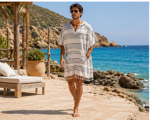 Commercial Beach Hooded Poncho Towel Wholesale Turkish Cotton Striped Fringed Changing Towel Robe For Surf Beach - Product Image 2