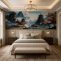 Papier peint mural auto-adhésif imperméable, paysage de pagode asiatique, brumeux, montagne chinoise, lac, pour la décoration murale intérieure de la maison
