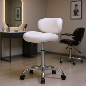 Chaise de selle pivotante ergonomique d'une capacité de 450 LBS en cuir PU blanc Tabouret roulant réglable en hauteur pour salon spa clinique de tatouage - Product Image 2