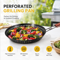 Panier de barbecue pliable en acier au carbone rond de 12 pouces avec revêtement antiadhésif, placage en chrome et poignée en bois