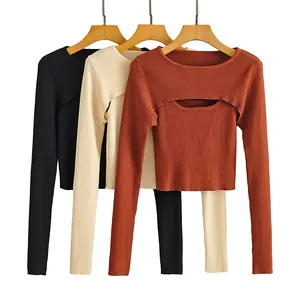 3 colorway फसल लंबी आस्तीन स्वेटर शीर्ष स्लिम फिट बुना हुआ बनियान महिलाओं आरामदायक 2 टुकड़ा स्वेटर सेट