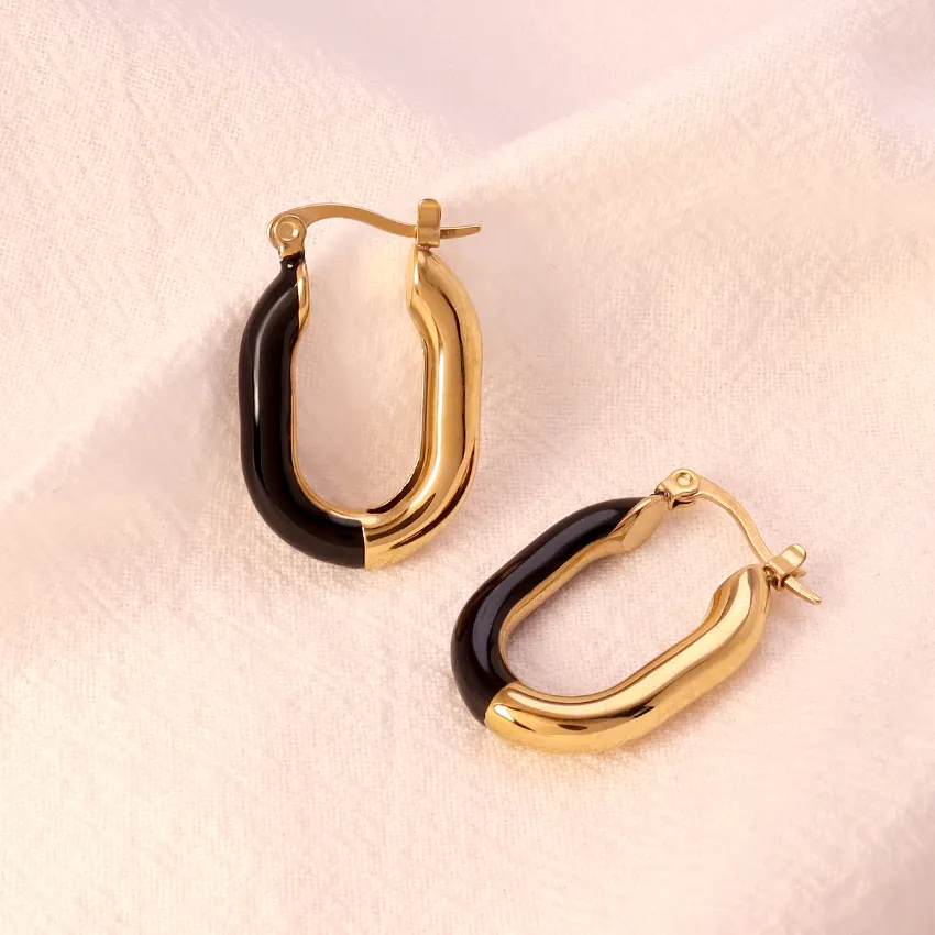 Summer Gold Hoop Earrings Stainless Steel Waterproof 316 Material Gold Jewelry U Shaped Black Enamel Hoop Earrings for Women 18k