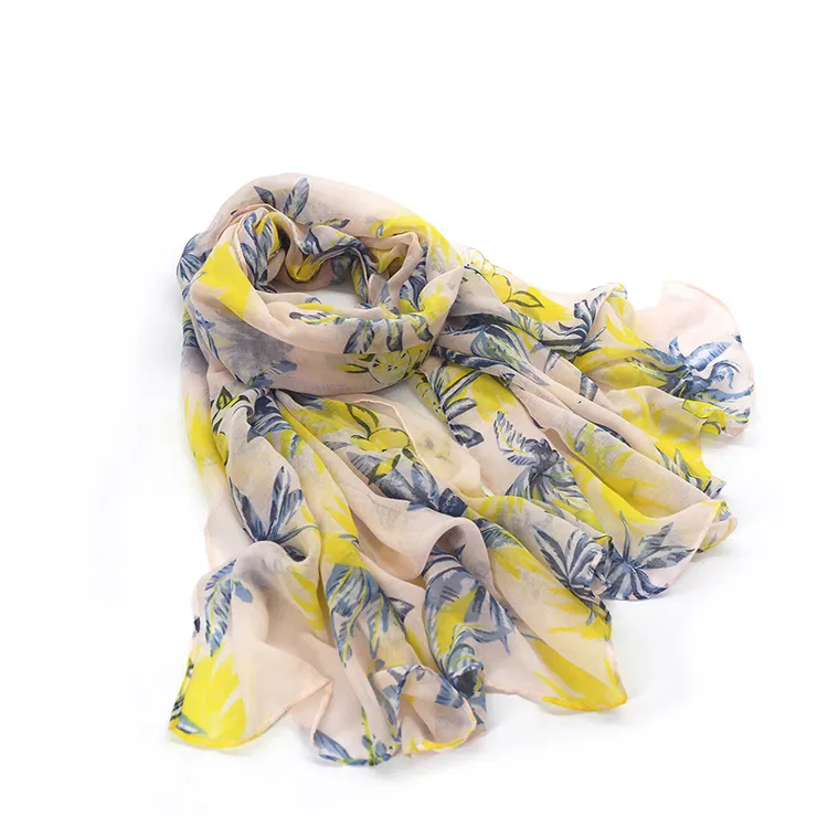 Polyester Fashion Scarf Women Flower Printing Scarf Long Soft Wrap Shawl Stole Flower Printing Scarf Blue and Yellow