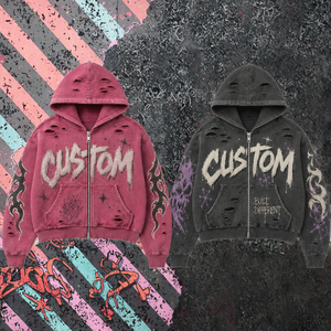 Custom Logo Solid <b>Zip</b> Hoodie Breathable Windproof Raw Edge Patch Letter Color Splash Paint Distressed Oversized Street OEM ODM - Product Image 2