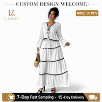 Robe longue personnalisée à manches longues pour femme, style bohème, à volants, avec bordure en ruban, col en V, et liens à nouer sur la poitrine, idéale pour les vacances à la plage