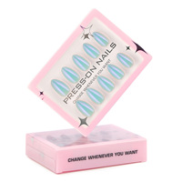 30 faux ongles à presser, courts, en forme d'amande, effet œil de chat bleu aurore, prêts à poser