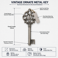 Clé de coffre en métal 100 mm, ton argent antique, clé squelette ornée avec étiquette numérotée et boîte cadeau