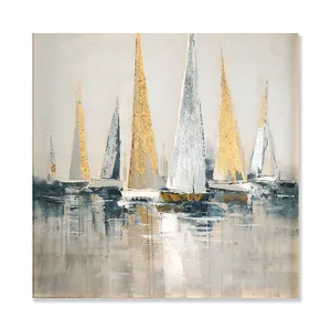 Pintura <span class=keywords><strong>al</strong></span> óleo de velero dorado y plateado de alta calidad, hermoso paisaje pintado a mano para decoración de habitación, Base de soporte de lienzo - Product Image 1