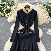 Robe décontractée élégante pour femmes, col à volants, manches longues, coupe évasée, tricotée, avec poches à bordure contrastée, pour un usage quotidien