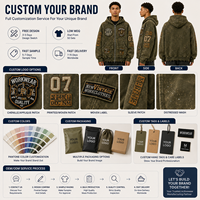 Sweat à capuche zippé intégral surdimensionné pour homme, vert olive, délavé, style workwear, avec patch appliqué, effet vieilli, en tissu épais, Source Factory