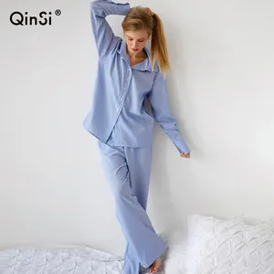 QINSI High Waisted Casual Two Piece Set Stripe Long Sleeve Shirt Tops and Loose Pajamas Women's Home Clothes women's Sleepwear